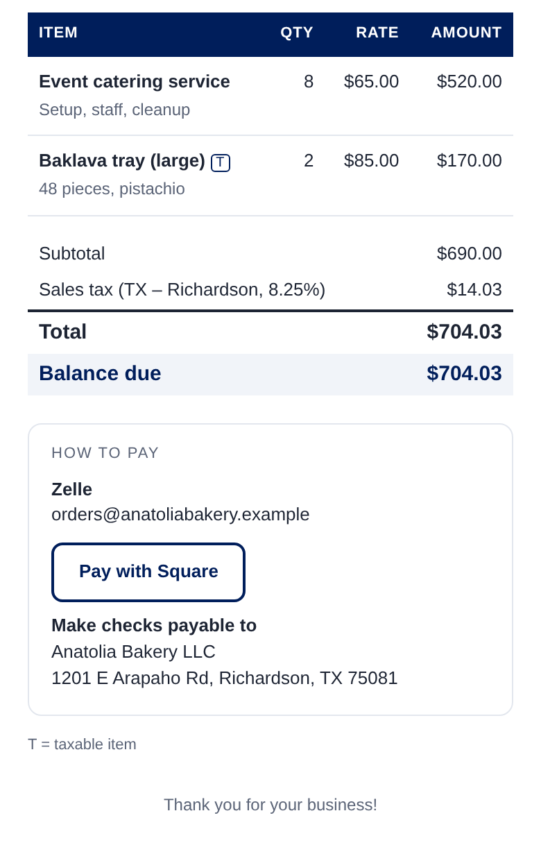 An Invoio invoice with a How to pay box listing Zelle, a Pay with Square button and check instructions